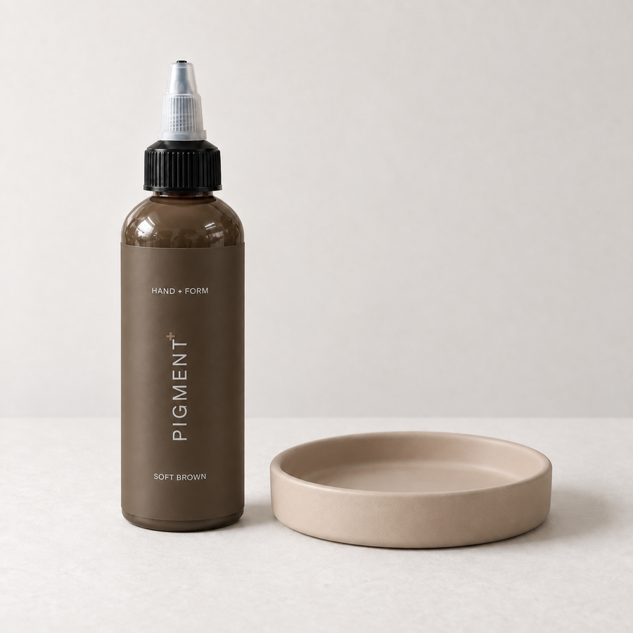 Pigment+ Soft Brown — bottle and pastel cast dish