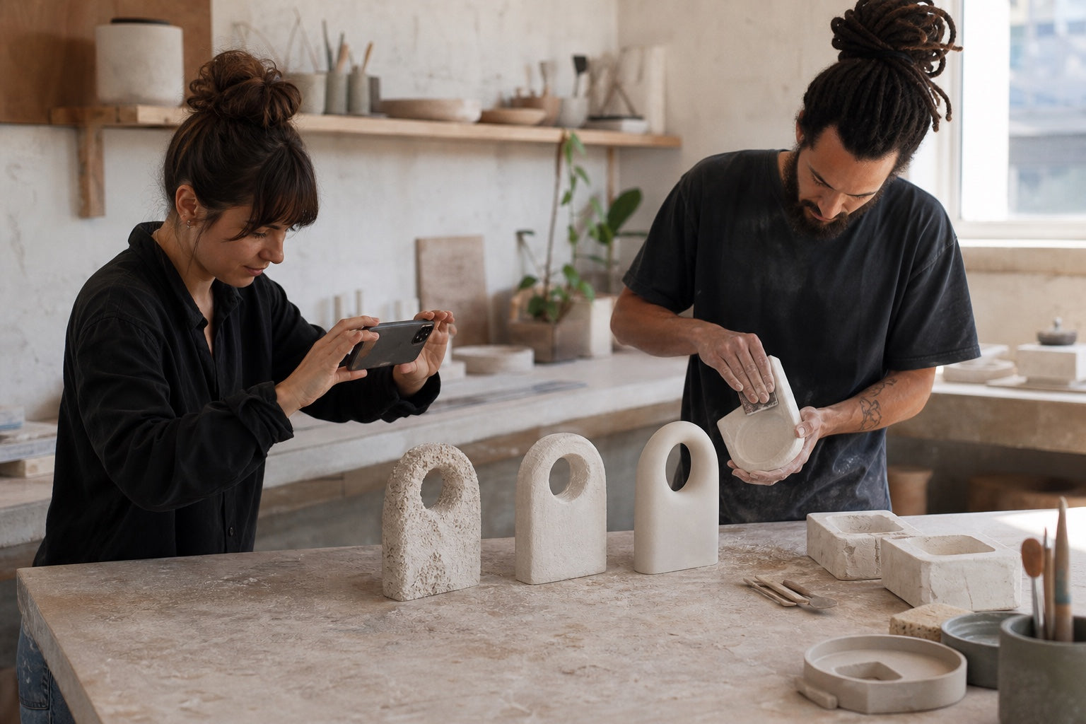 Two makers comparing a series of cast objects