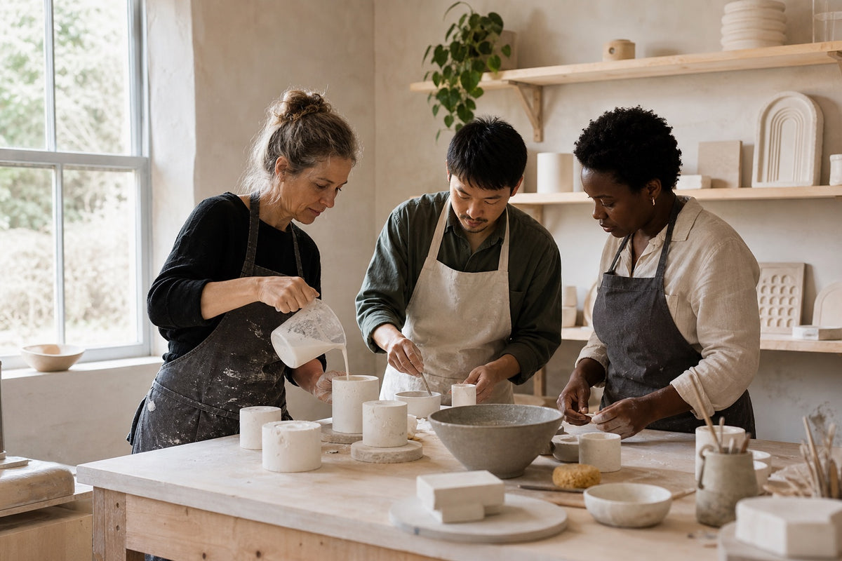 Makers working together at a HAND + FORM workshop table