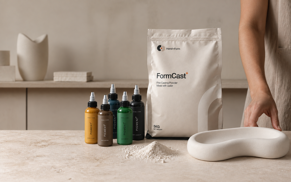 FormCast material and finished objects in a calm design studio
