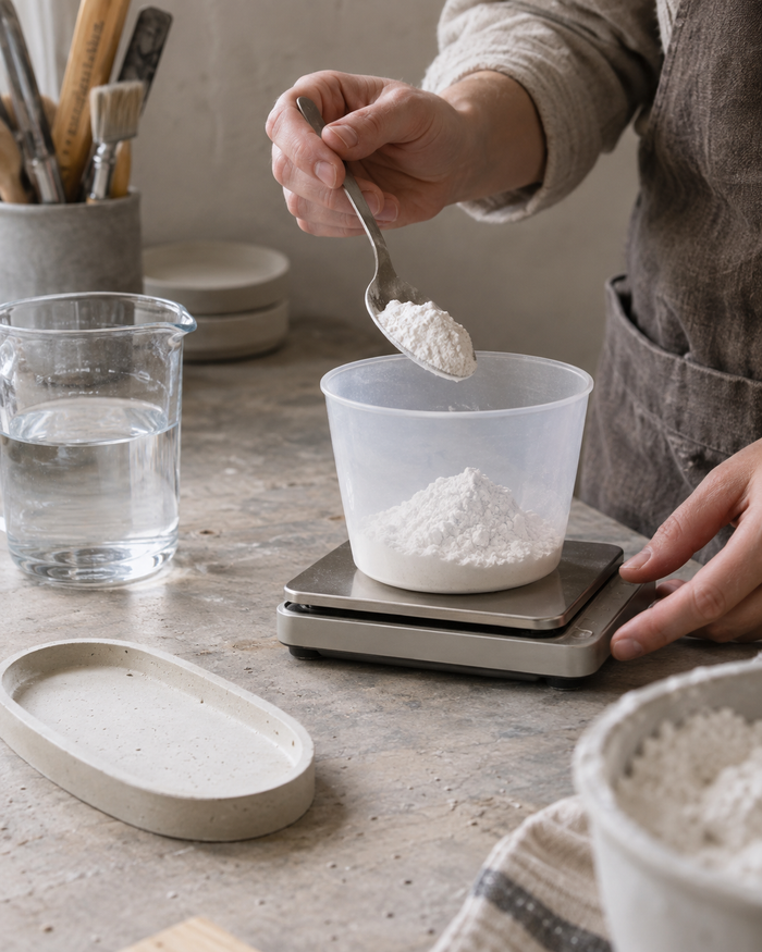Weighing casting powder on digital scales