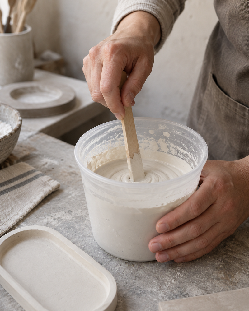 Stirring white casting material until smooth