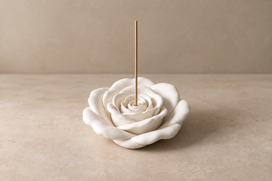 White rose-shaped incense holder with an unlit incense stick