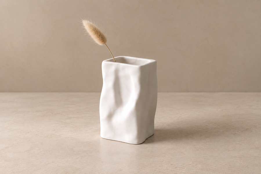 White sculptural vase with one dried botanical stem