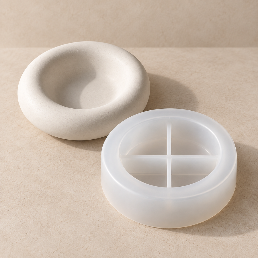 halo silicone mould with an example finished cast piece; finished piece shown for illustration