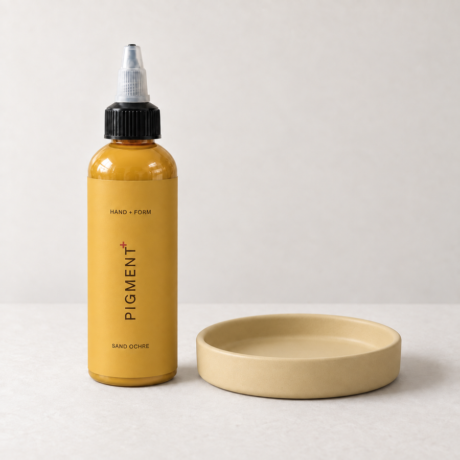 Pigment+ Sand Ochre — bottle and pastel cast dish