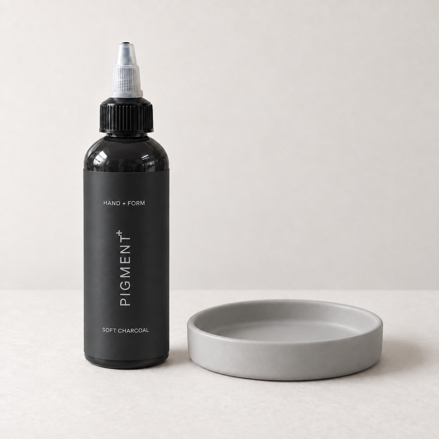 Pigment+ Soft Charcoal — bottle and pastel cast dish