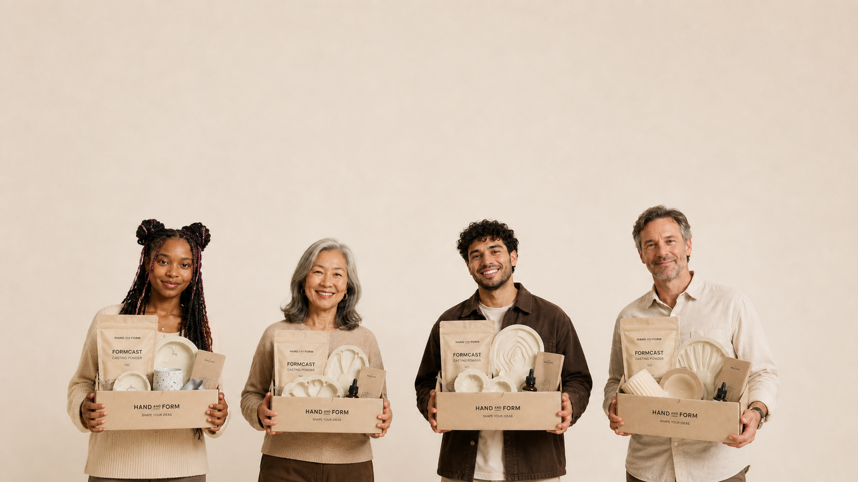 Four makers holding HAND + FORM casting kits and finished pieces