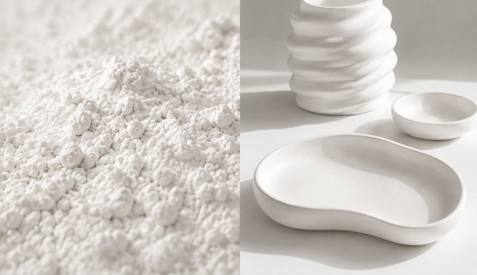Fine white FormCast powder beside three finished white cast objects