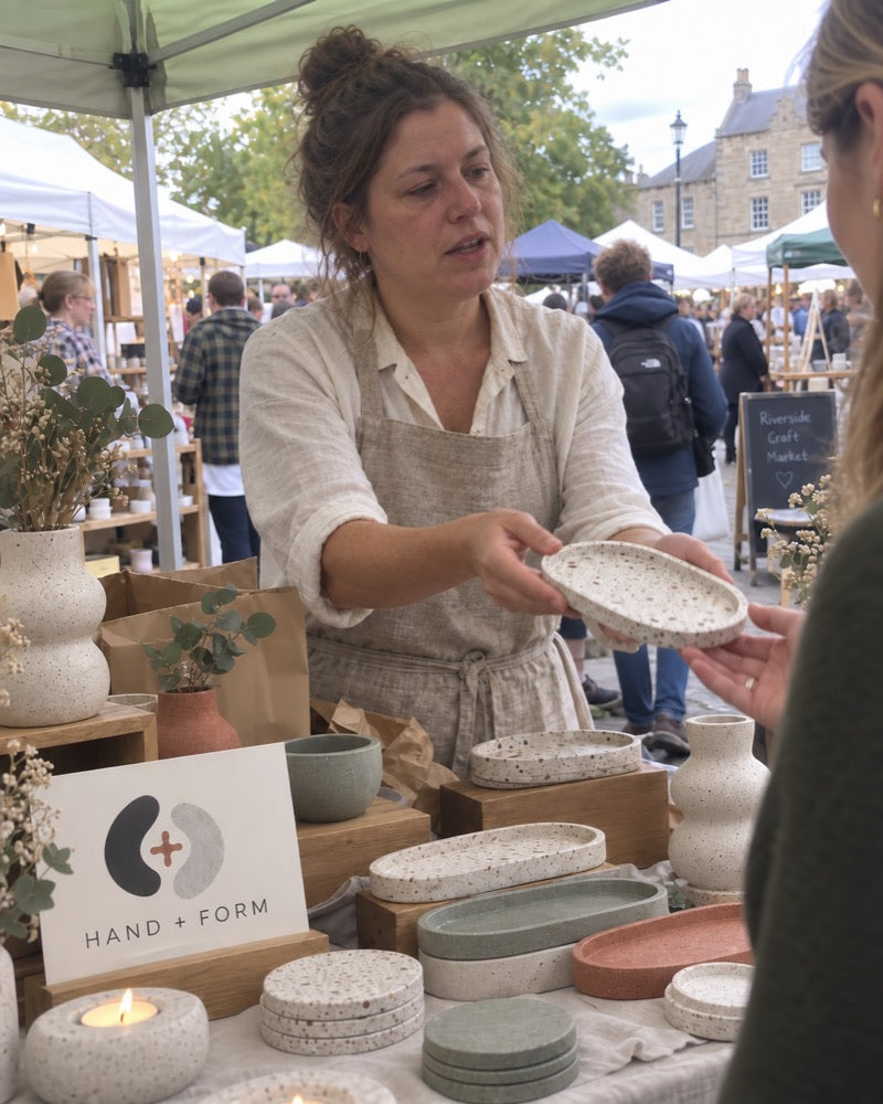 A maker at a craft market stall handing over a dish