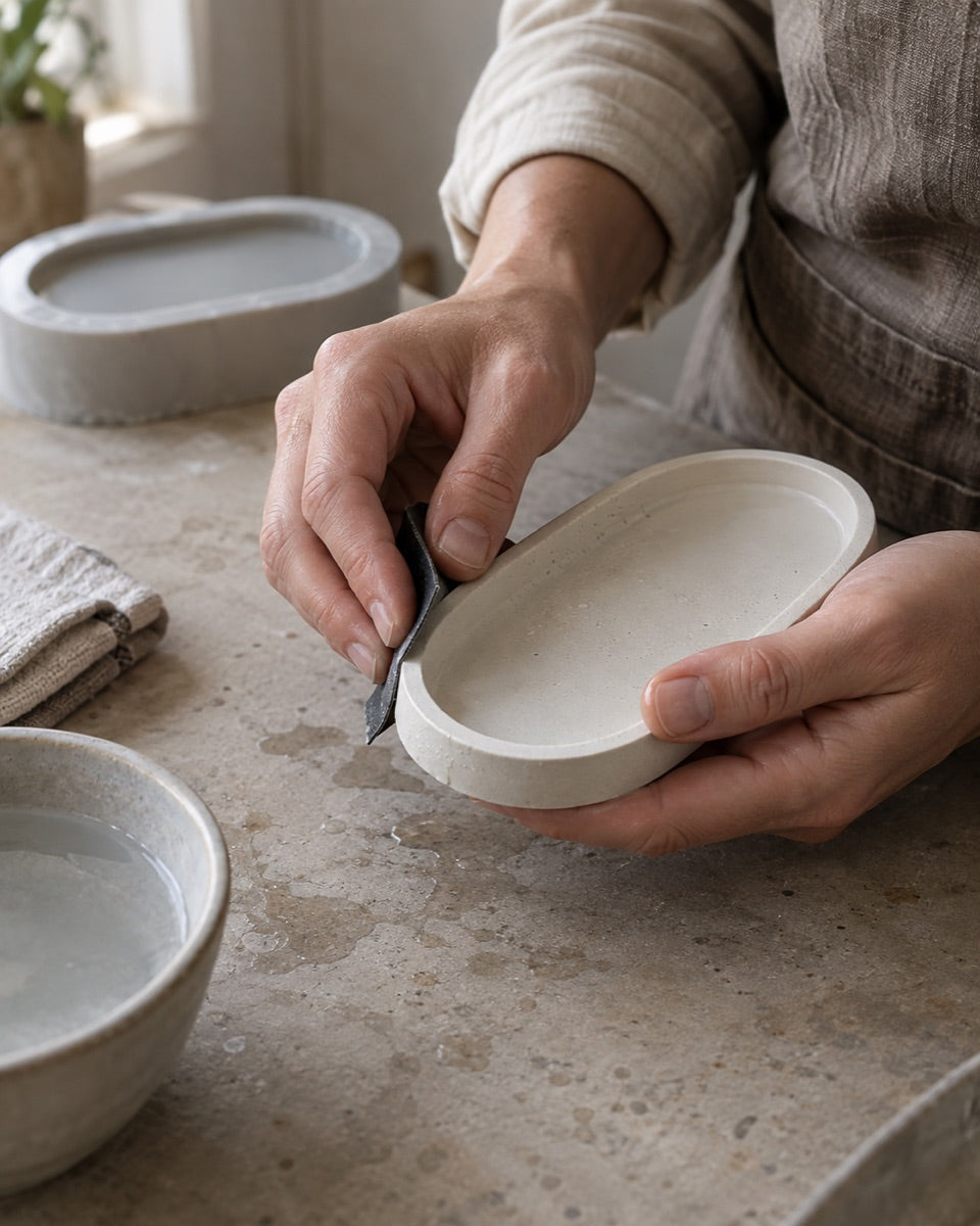 Wet-sanding the edge of a finished cast tray