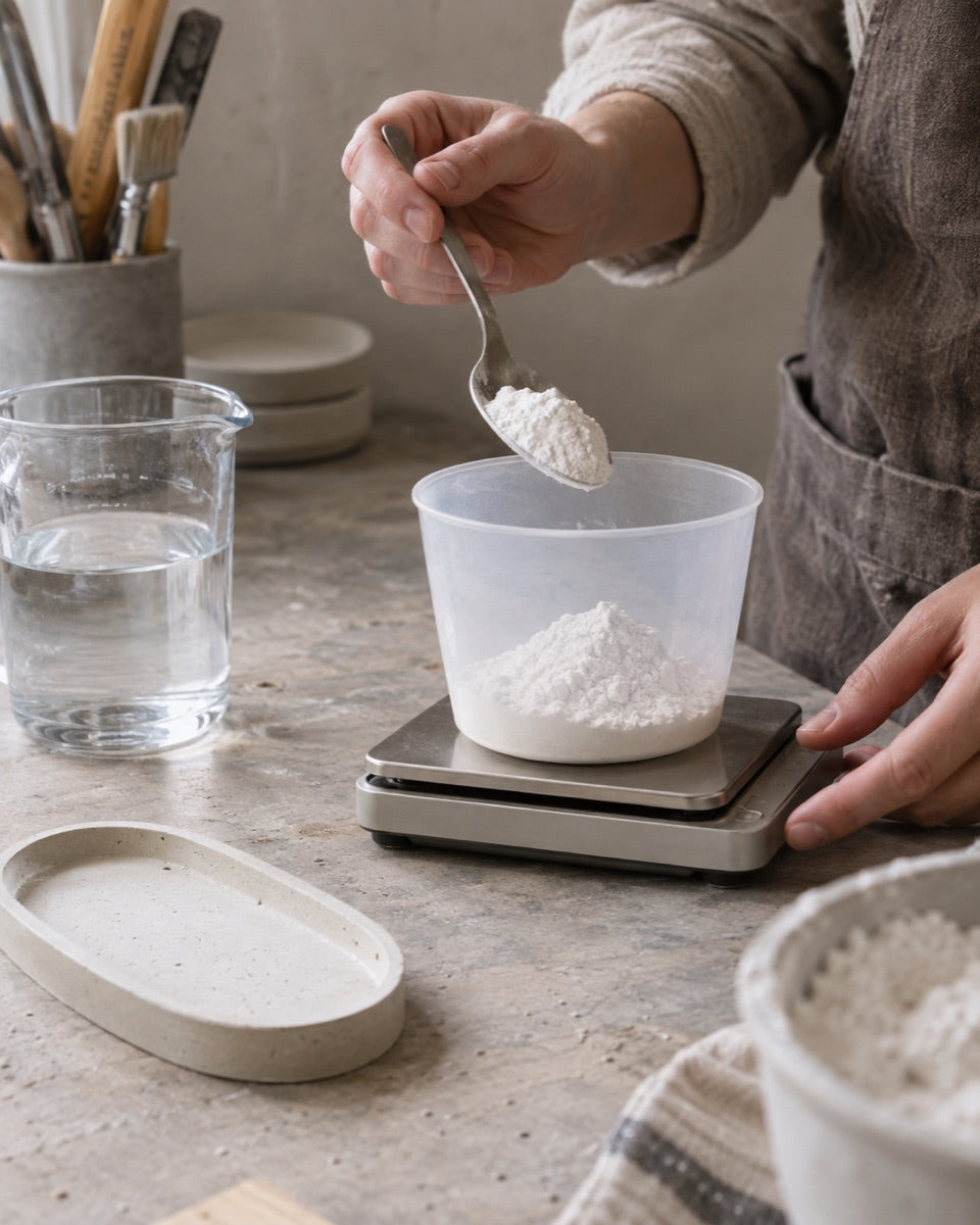 Weighing casting powder in a mixing cup on digital scales